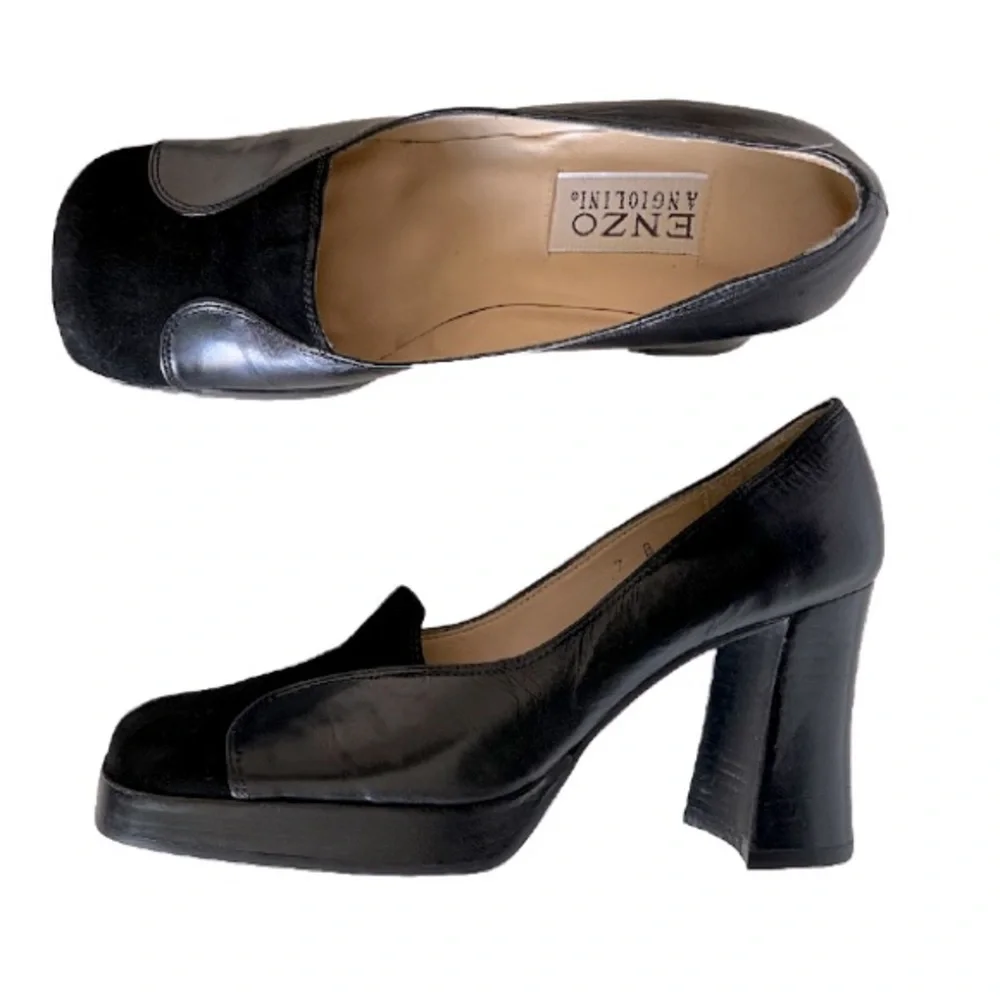 Y2K 90s Enzo Angiolini square toe suede leather black Platform Slip On 7 Retro - Picture 1 of 13